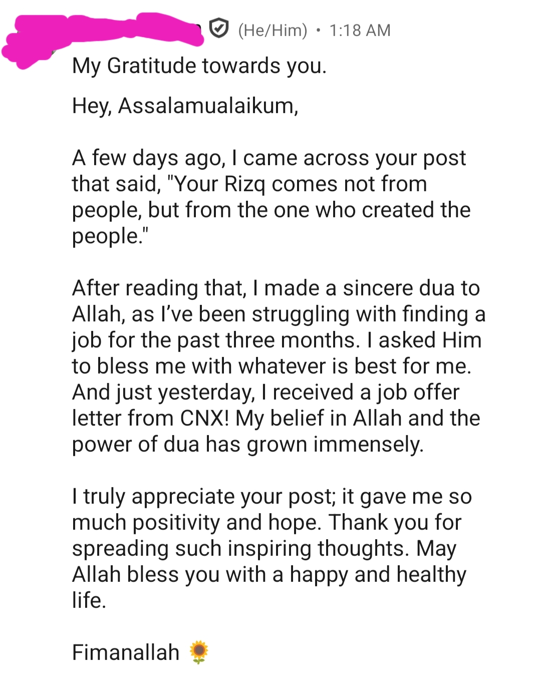 Genuine client testimonial message 4