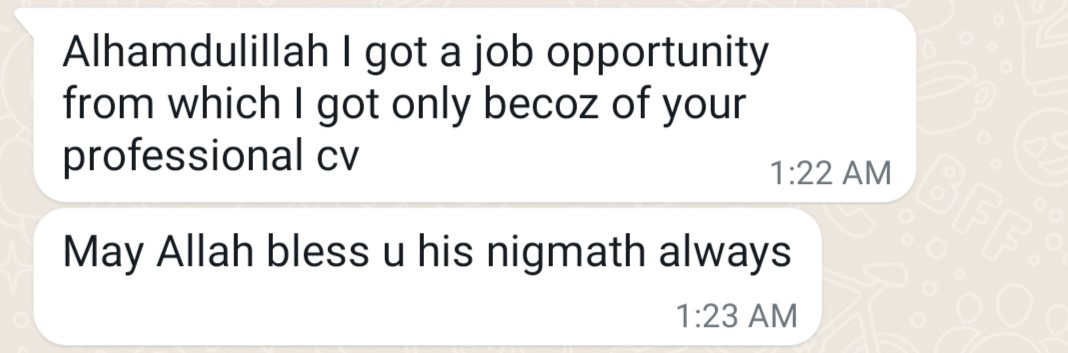 Genuine client testimonial message 1